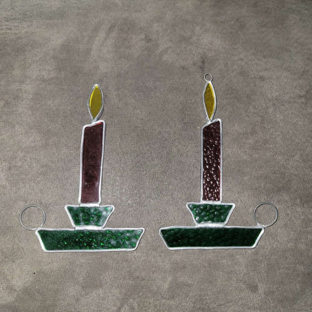 VINTAGE Set Of 2 Stained Glass Window Art Suncatcher Candlesticks